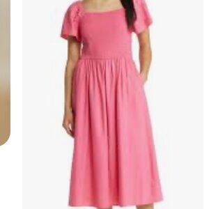 Beach lunch lounge coral dress with hip pockets and eyelet sleeves